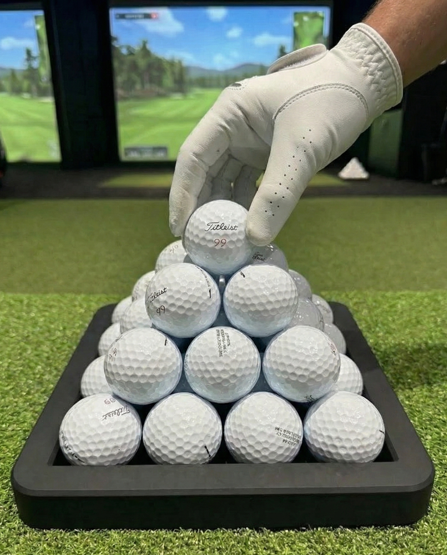 Pyramid Golf Ball Tray – Holds 30 or 55 Balls | Customizable Golf Simulator Accessory