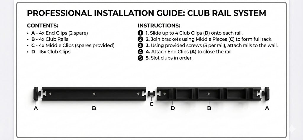 Floating Golf Club Wall Rack – Holds 14, 20, or 28 Clubs | Space-Saving Golf Storage for Simulators & Cabins