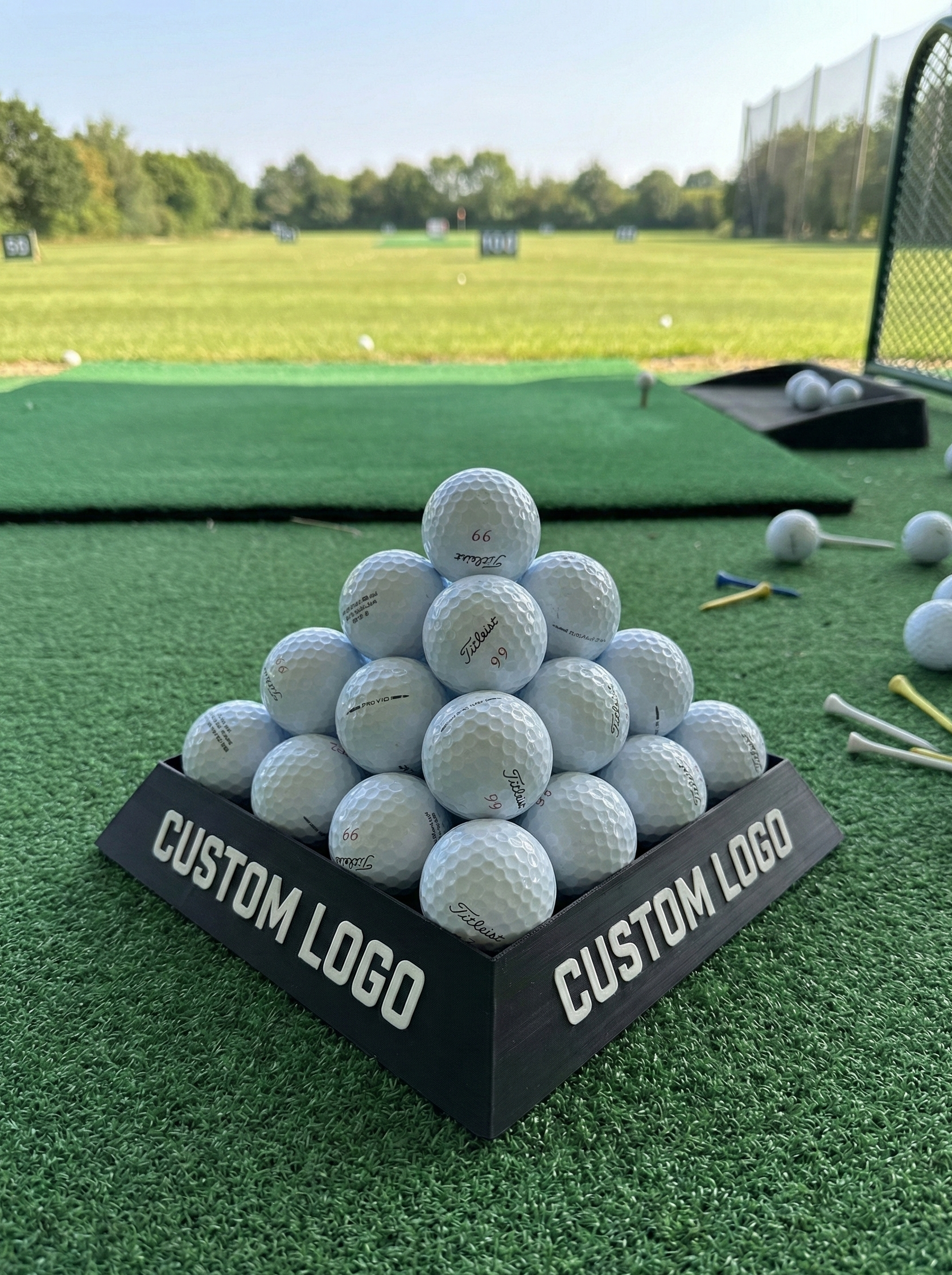 Pyramid Golf Ball Tray – Holds 30 or 55 Balls | Customizable Golf Simulator Accessory