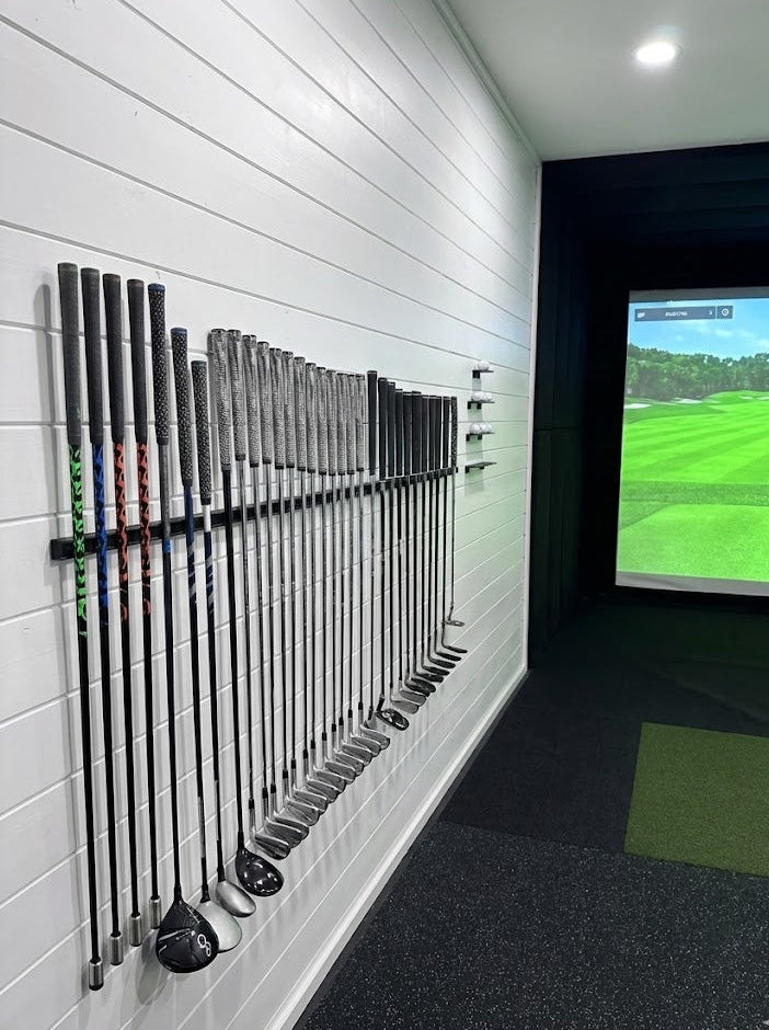 Floating Golf Club Wall Rack – Holds 14, 20, or 28 Clubs | Space-Saving Golf Storage for Simulators & Cabins