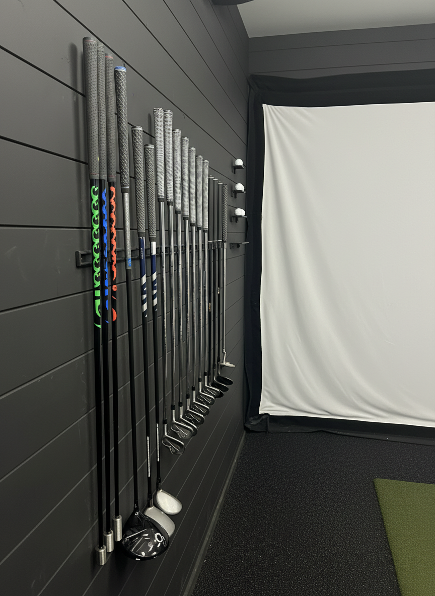 Floating Golf Club Wall Rack – Holds 14, 20, or 28 Clubs | Space-Saving Golf Storage for Simulators & Cabins