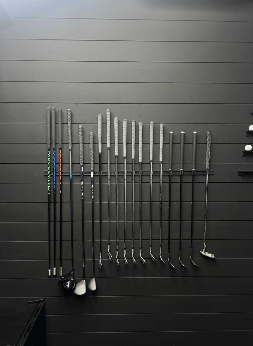Floating Golf Club Wall Rack – Holds 14, 20, or 28 Clubs | Space-Saving Golf Storage for Simulators & Cabins